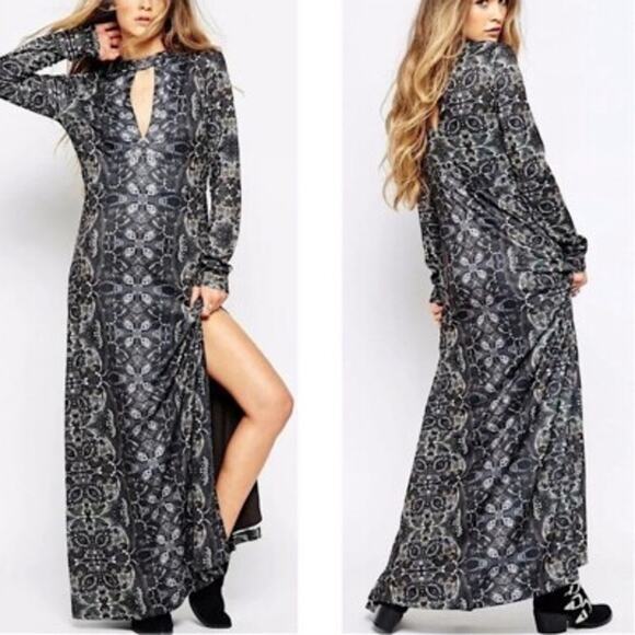 Free People Cabaret Long Sleeve Gray Boho Printed Keyhole Maxi Dress - Picture 2 of 12